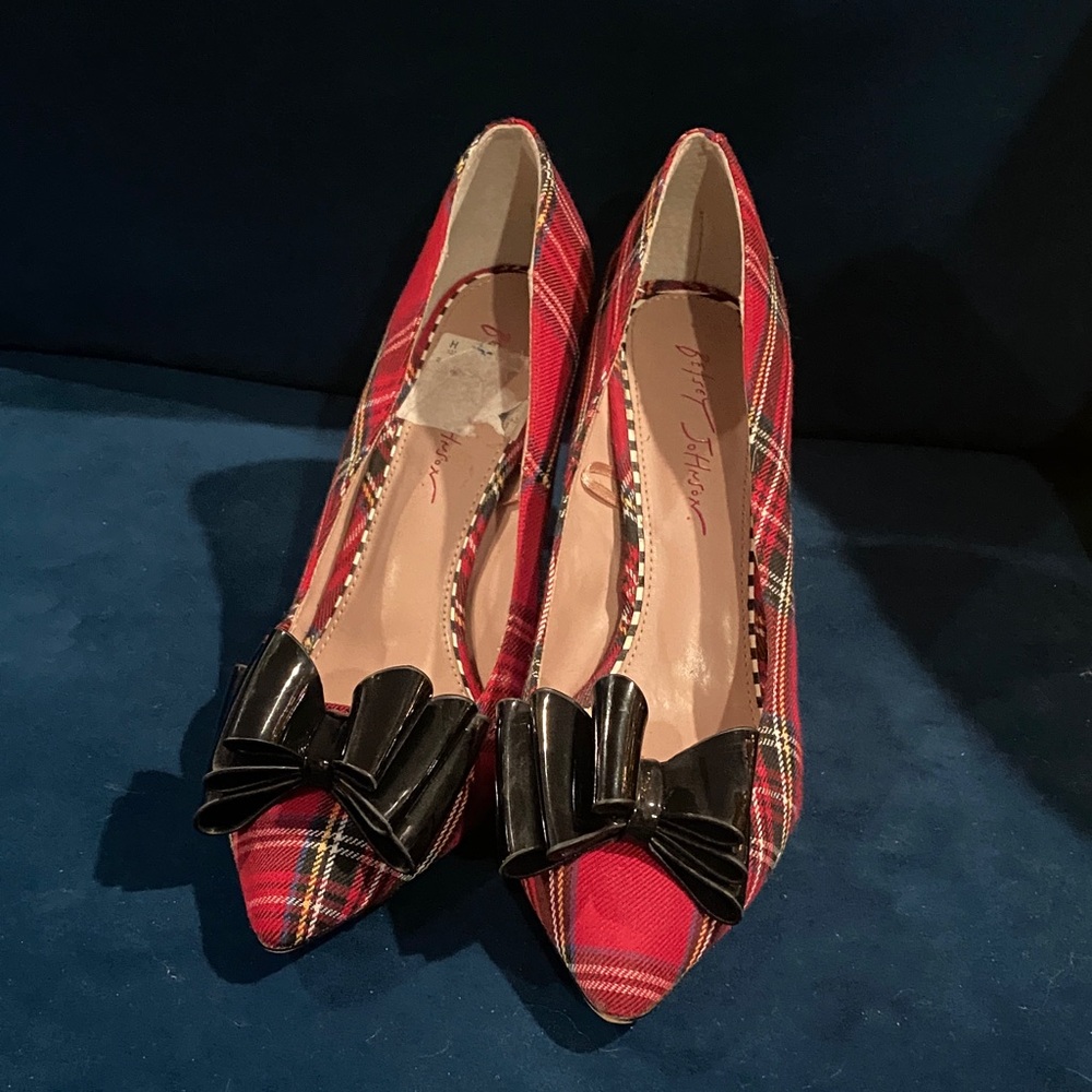 Betsey Johnson Red Plaid Heels with Black Bow